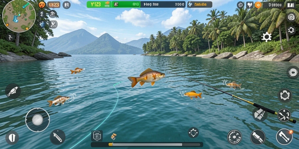 Gameplay YY123 dengan beragam lokasi memancing dan efek visual menarik.